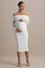 Adita | White Mesh Floral Bardot Maternity Midi Dress