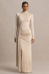 Romi | Champagne High-Neck Maxi Dress With Ruched Detailing