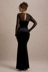 Ashby | Black Velvet Embellished Square-Neck Split Maxi Dress