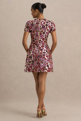 Eira | Pink Floral Embellished Sequin Crew-Neck Mini Dress