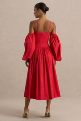 Macie | Red Sweetheart Midi Dress With Balloon Sleeves