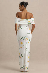 Capri | White Rose Print Bardot-Neck Maxi Dress With Ruched Detailing