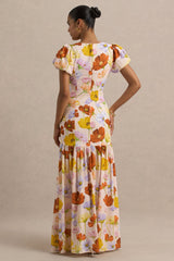 Ginny | Bright Floral Print Puff-Sleeve Split Maxi Dress