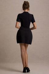 Carabella | Black High-Neck Short-Sleeve Mini Dress