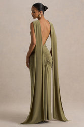 Premiere | Olive Boat-Neck Maxi Dress With Cape-Sleeves And Open-Back