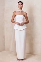 Naira | White Satin Bandeau Corset Maxi Dress With Sheer Scarf