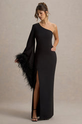 Armina | Black One-Shoulder Feather-Trim Maxi Dress