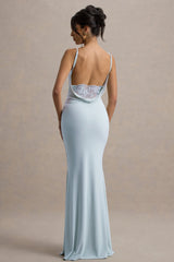 Francoise | Light Blue Cowl Neck Backless Maxi Dress With Lace Insert