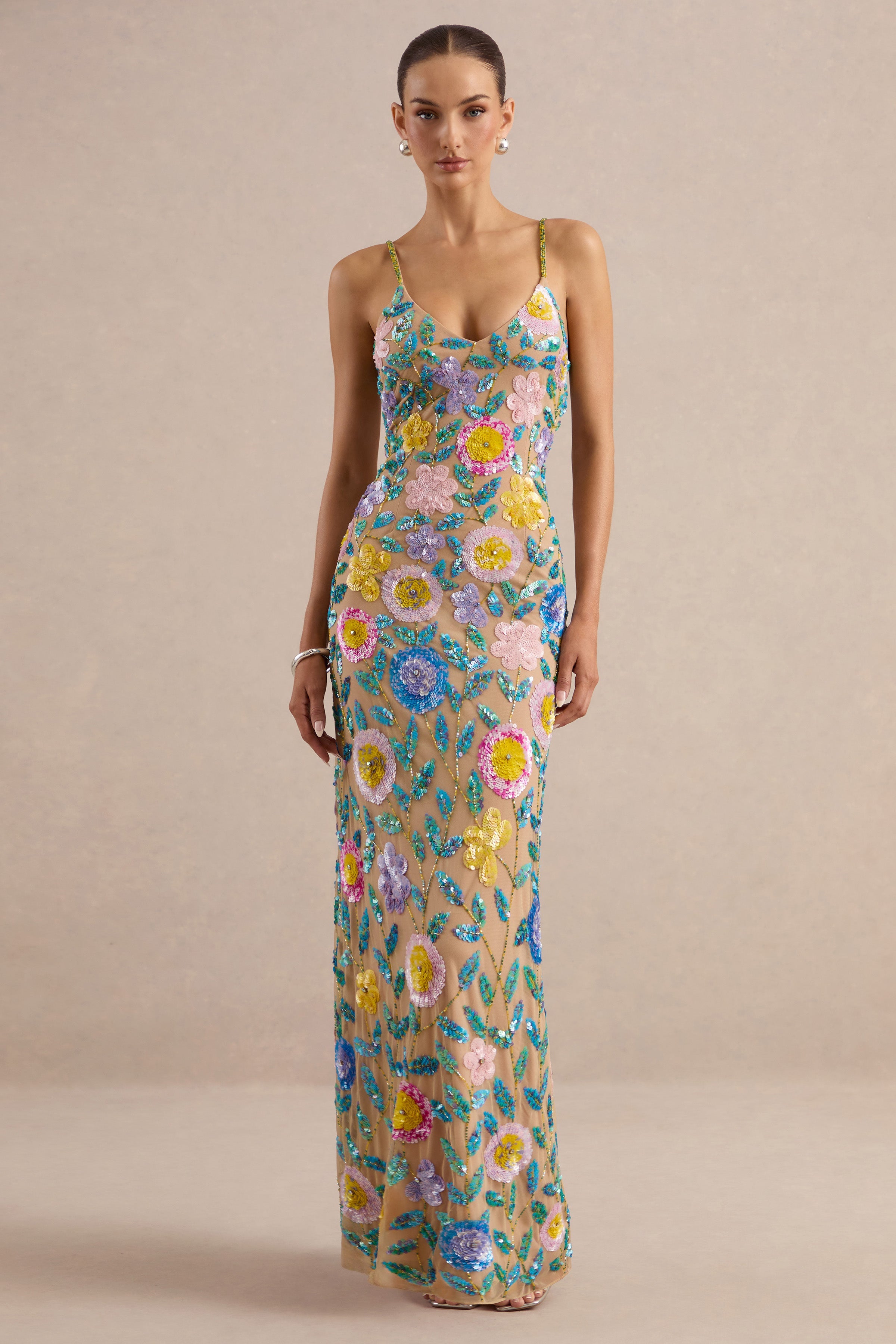 Gemini | Nude Floral Embellished Strappy Maxi Dress