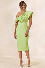 Adrina | Lime Draped One Shoulder Midi Dress