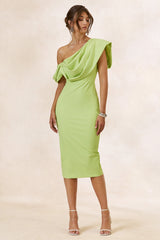 Adrina | Lime Draped One Shoulder Midi Dress