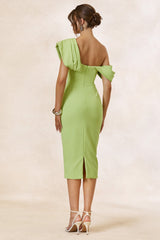 Adrina | Lime Draped One Shoulder Midi Dress