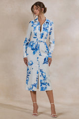 Zephy | Blue Floral Print Belted Shirt Midi Dress