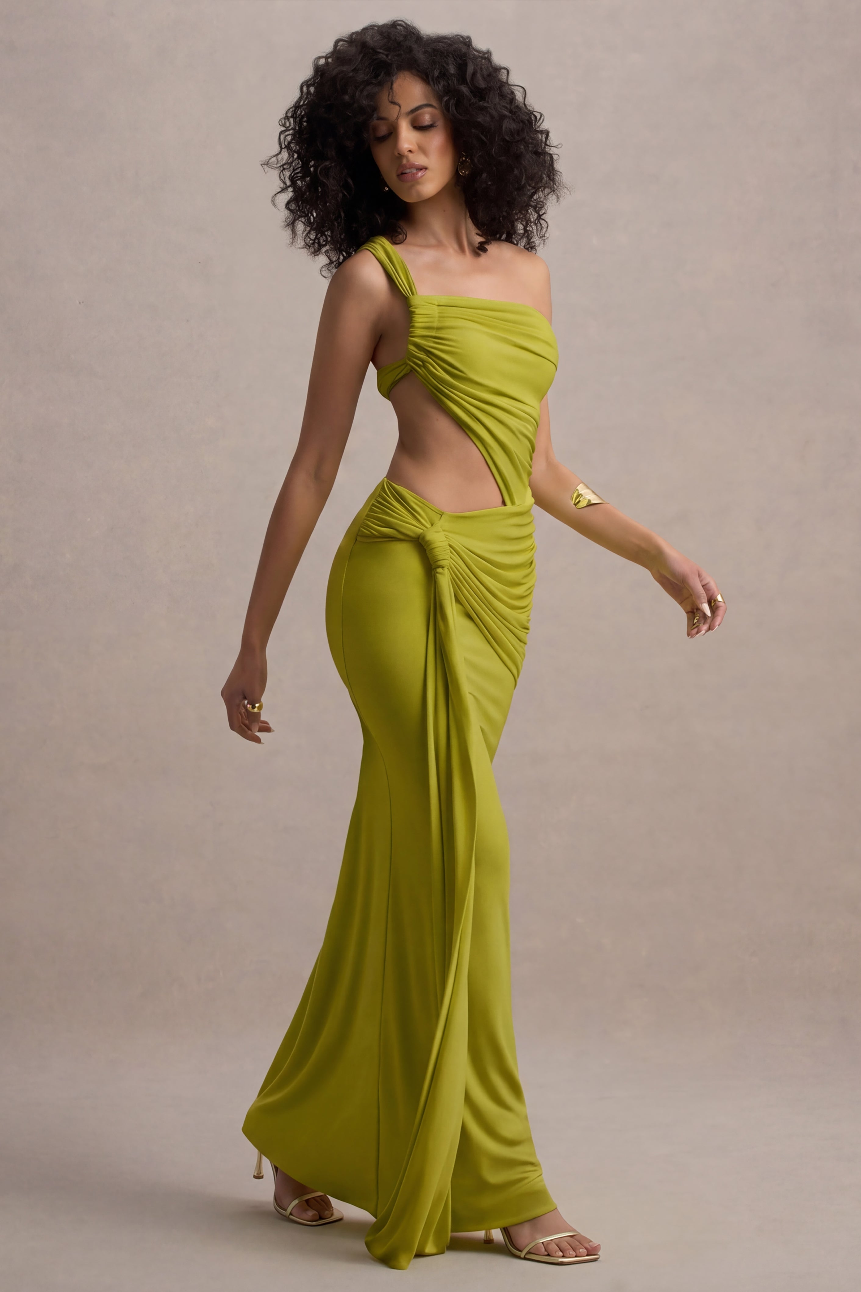 Giovanna | Olive Asymmetric Maxi Dress With Wrap Skirt