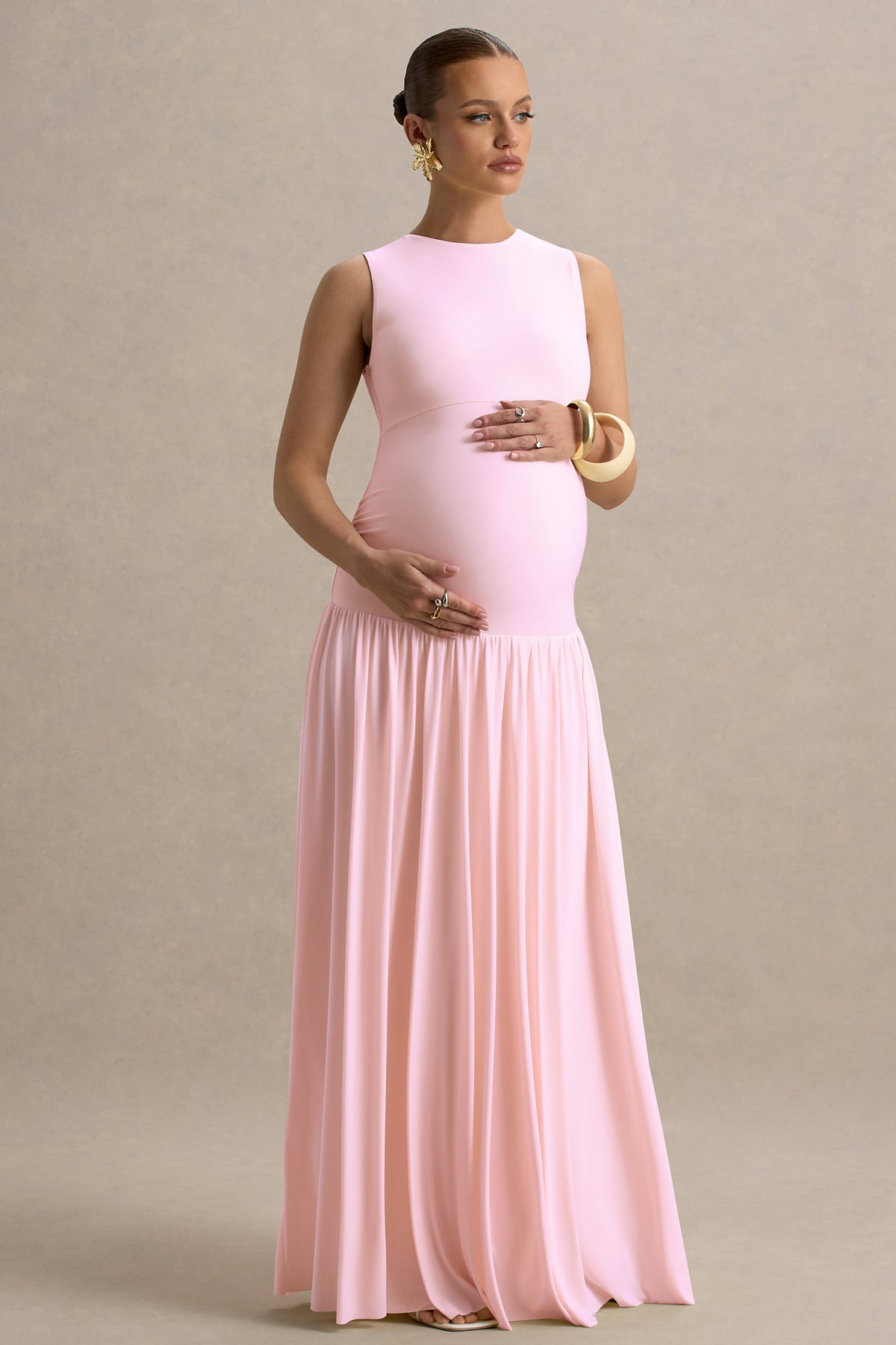 Outline | Light Pink Crew-Neck Maternity Maxi Dress With Pleated Skirt