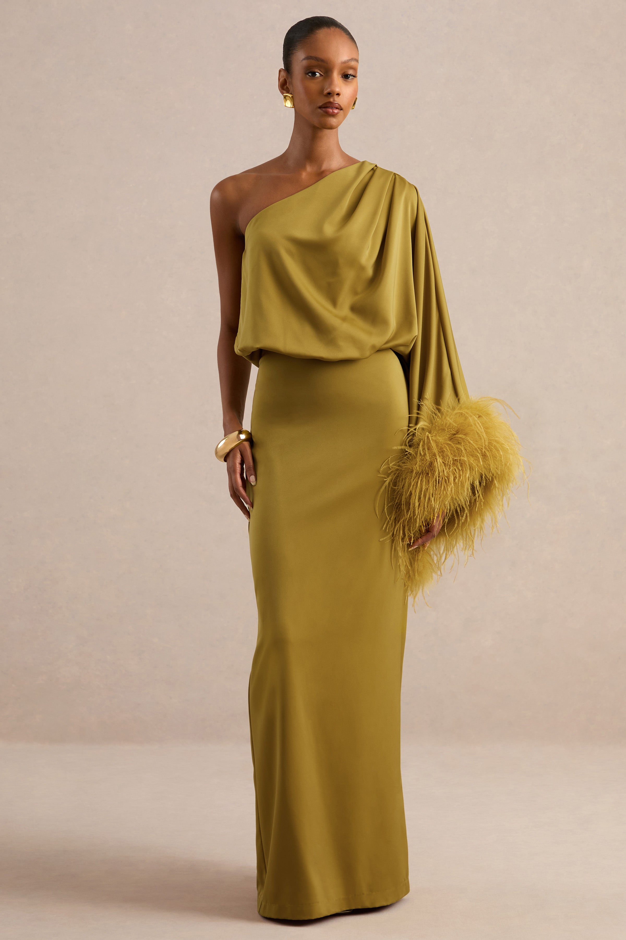 Felicity | Olive Satin Asymmetric-Neck Maxi Dress With Feather Detailing