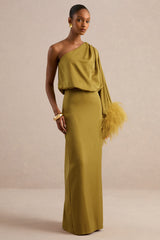 Felicity | Olive Satin Asymmetric-Neck Maxi Dress With Feather Detailing