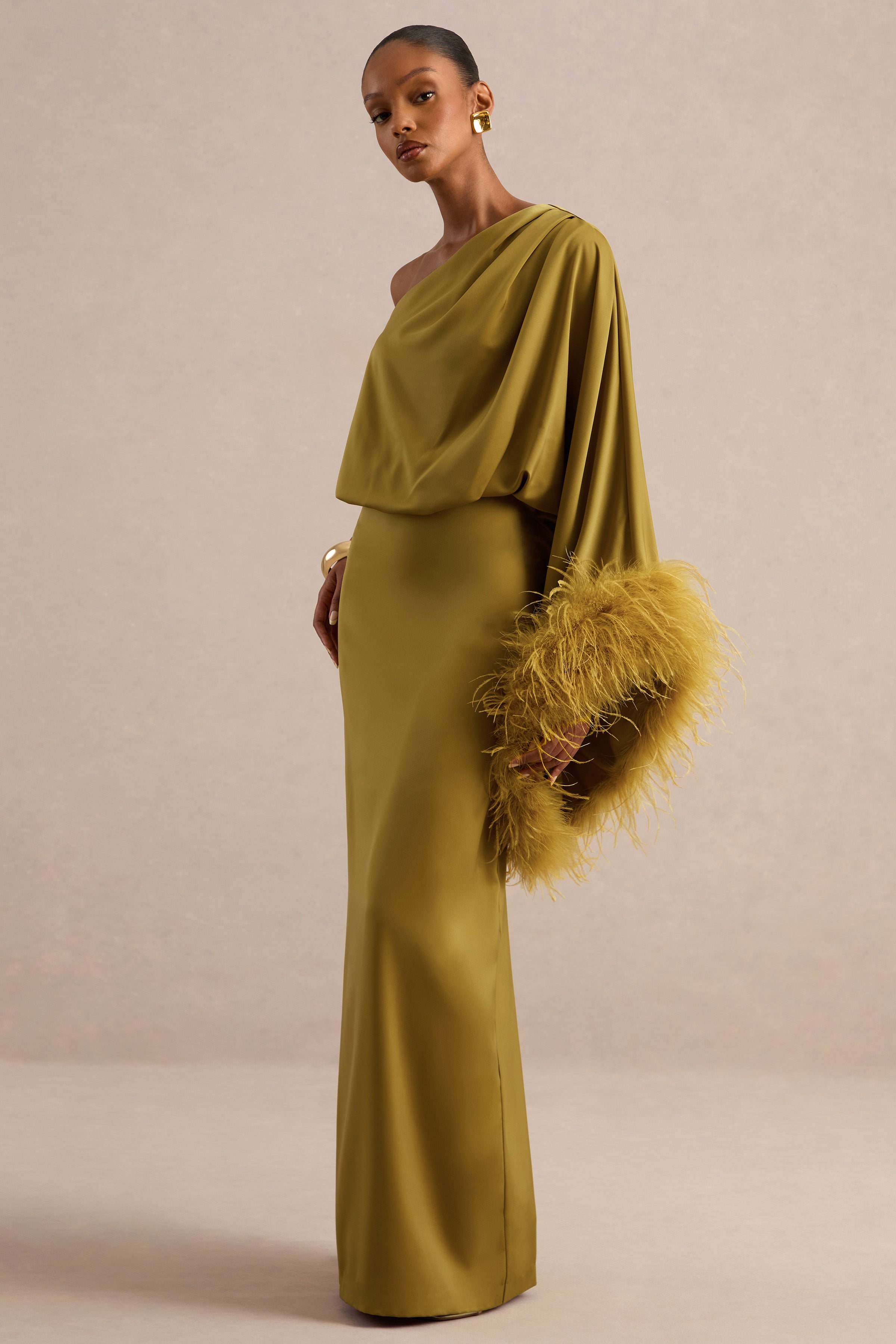 Felicity | Olive Satin Asymmetric-Neck Maxi Dress With Feather Detailing