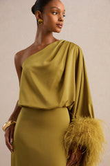 Felicity | Olive Satin Asymmetric-Neck Maxi Dress With Feather Detailing