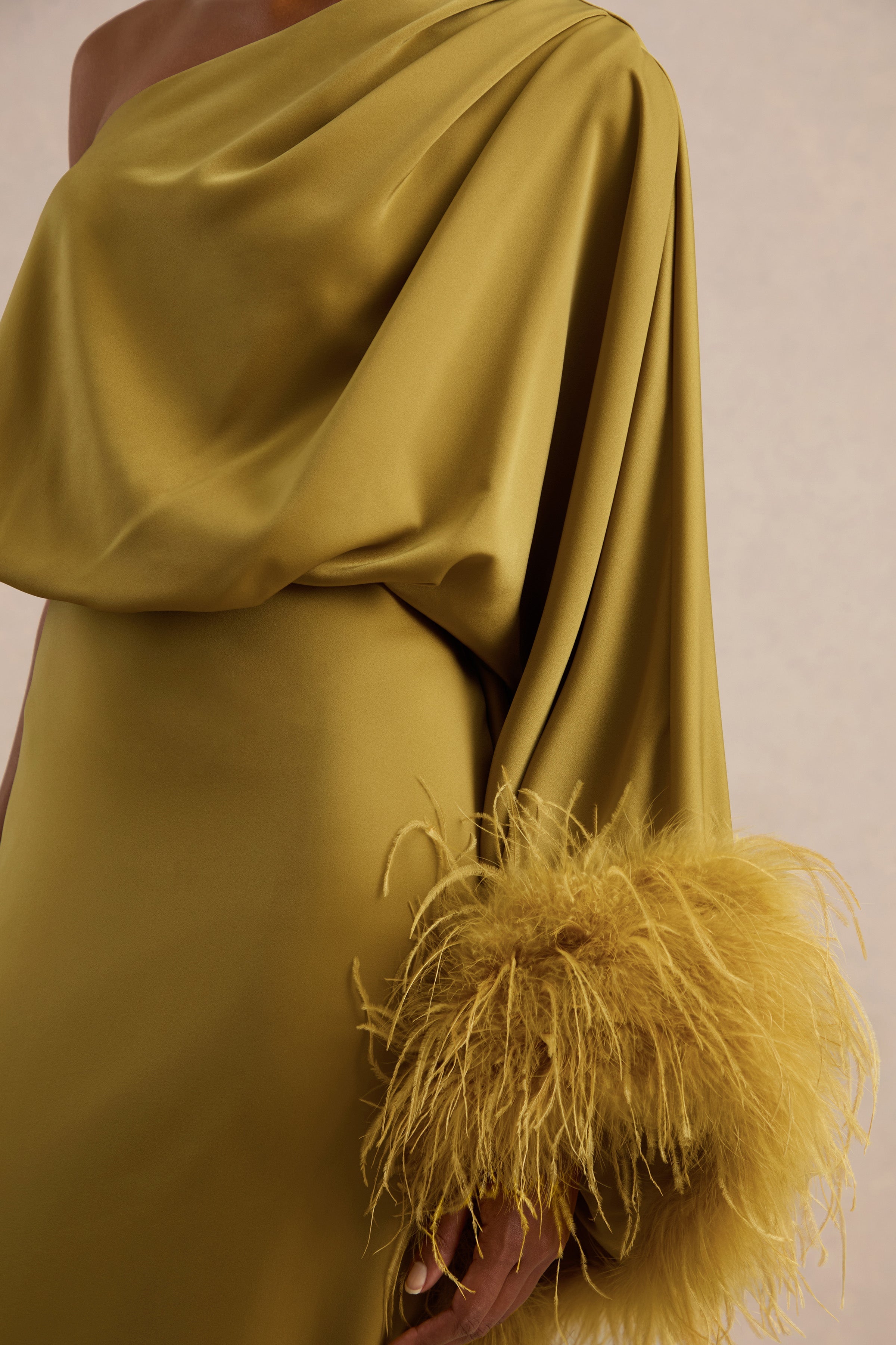 Felicity | Olive Satin Asymmetric-Neck Maxi Dress With Feather Detailing