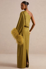 Felicity | Olive Satin Asymmetric-Neck Maxi Dress With Feather Detailing