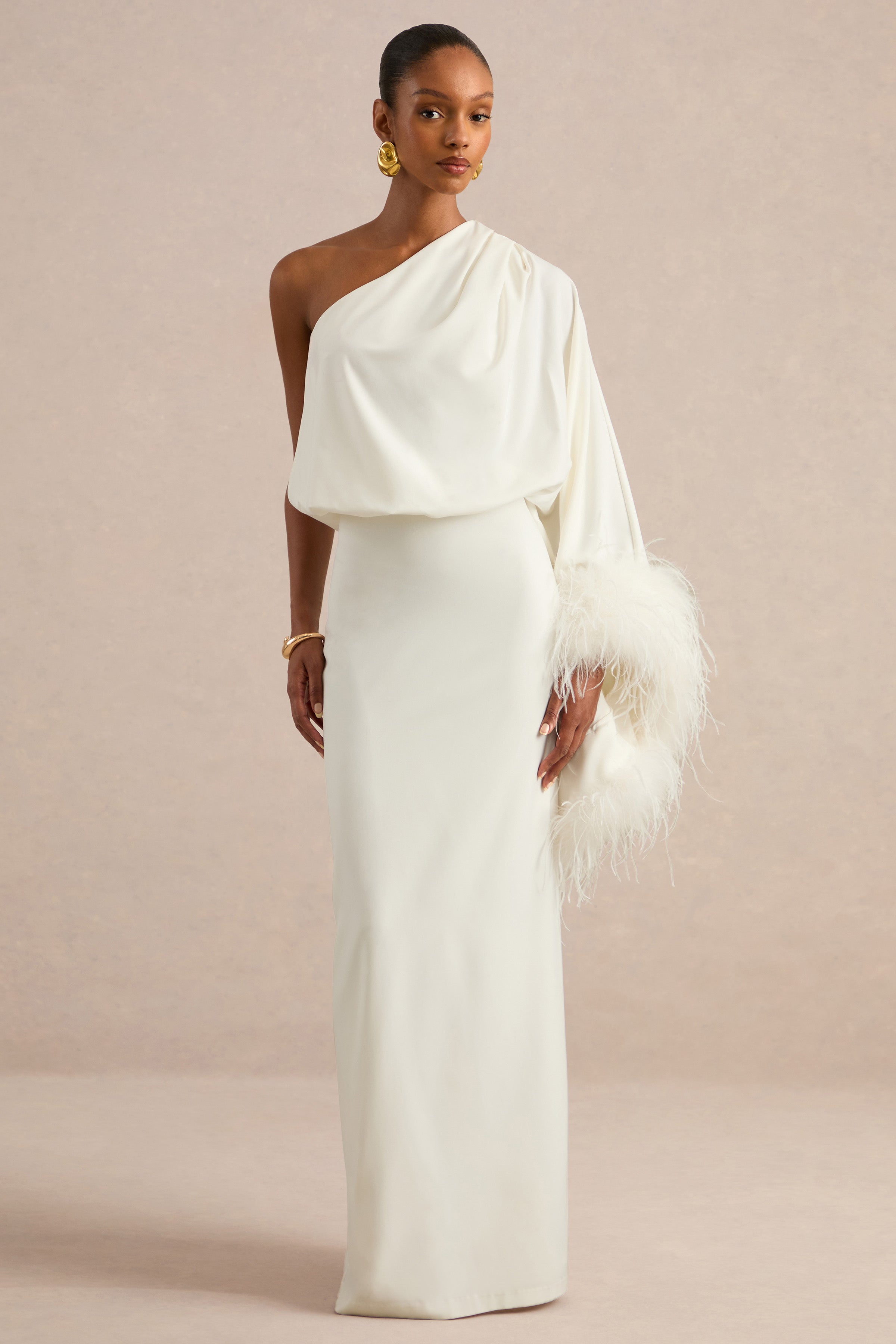 Felicity | White Satin Asymmetric-Neck Maxi Dress With Feather Detailing