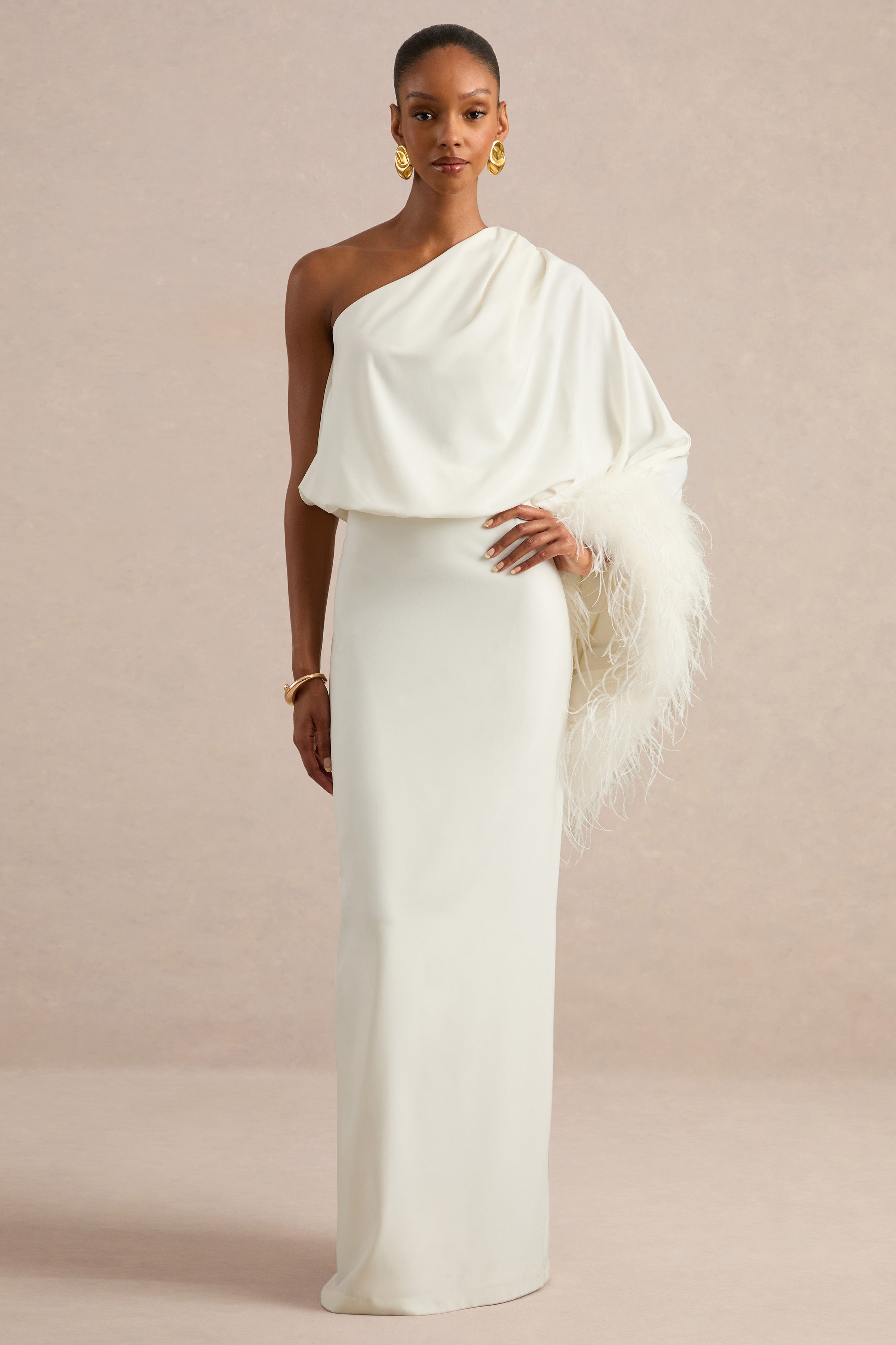 Felicity | White Satin Asymmetric-Neck Maxi Dress With Feather Detailing