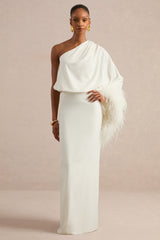 Felicity | White Satin Asymmetric-Neck Maxi Dress With Feather Detailing