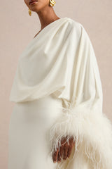 Felicity | White Satin Asymmetric-Neck Maxi Dress With Feather Detailing
