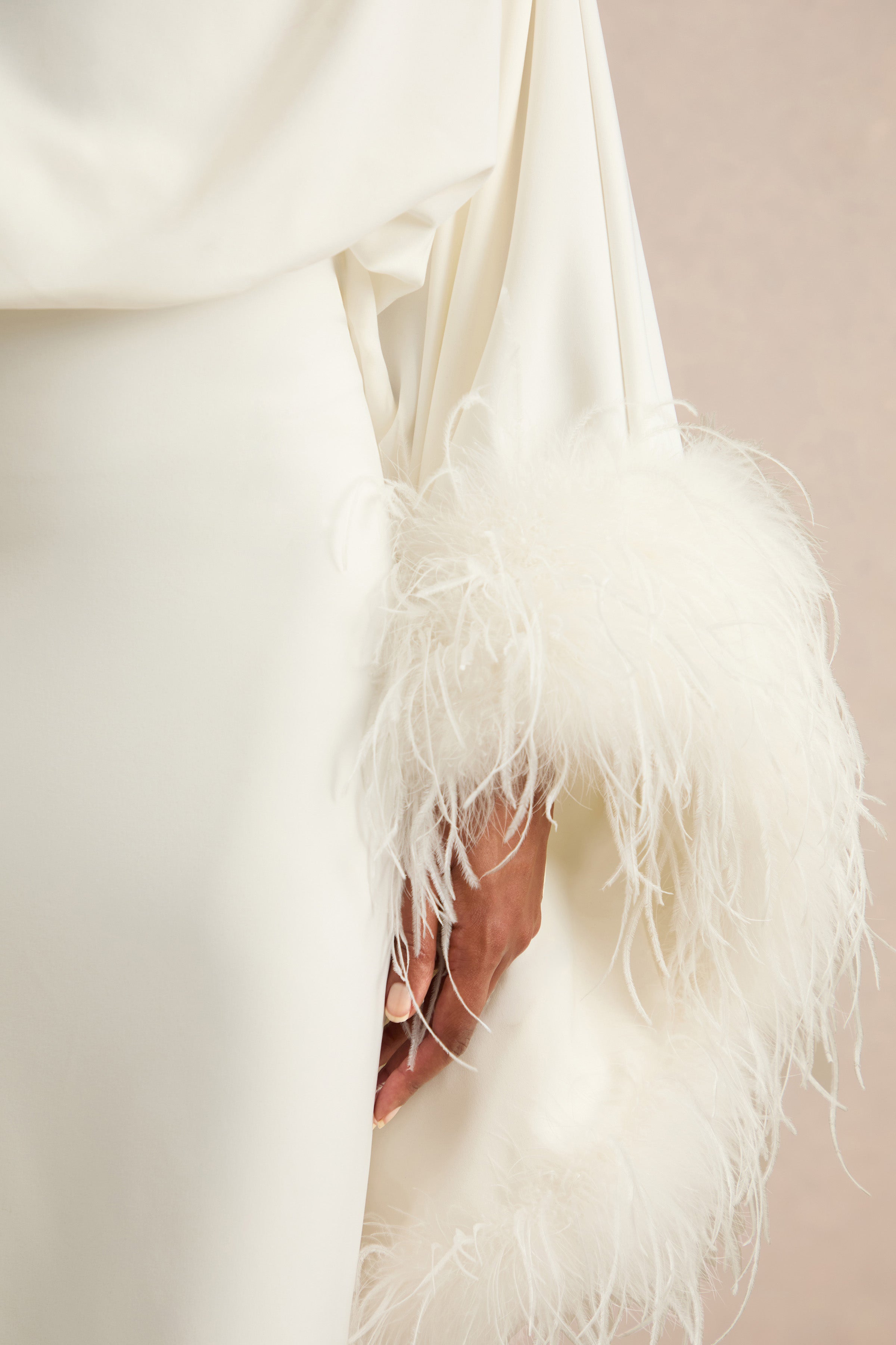 Felicity | White Satin Asymmetric-Neck Maxi Dress With Feather Detailing