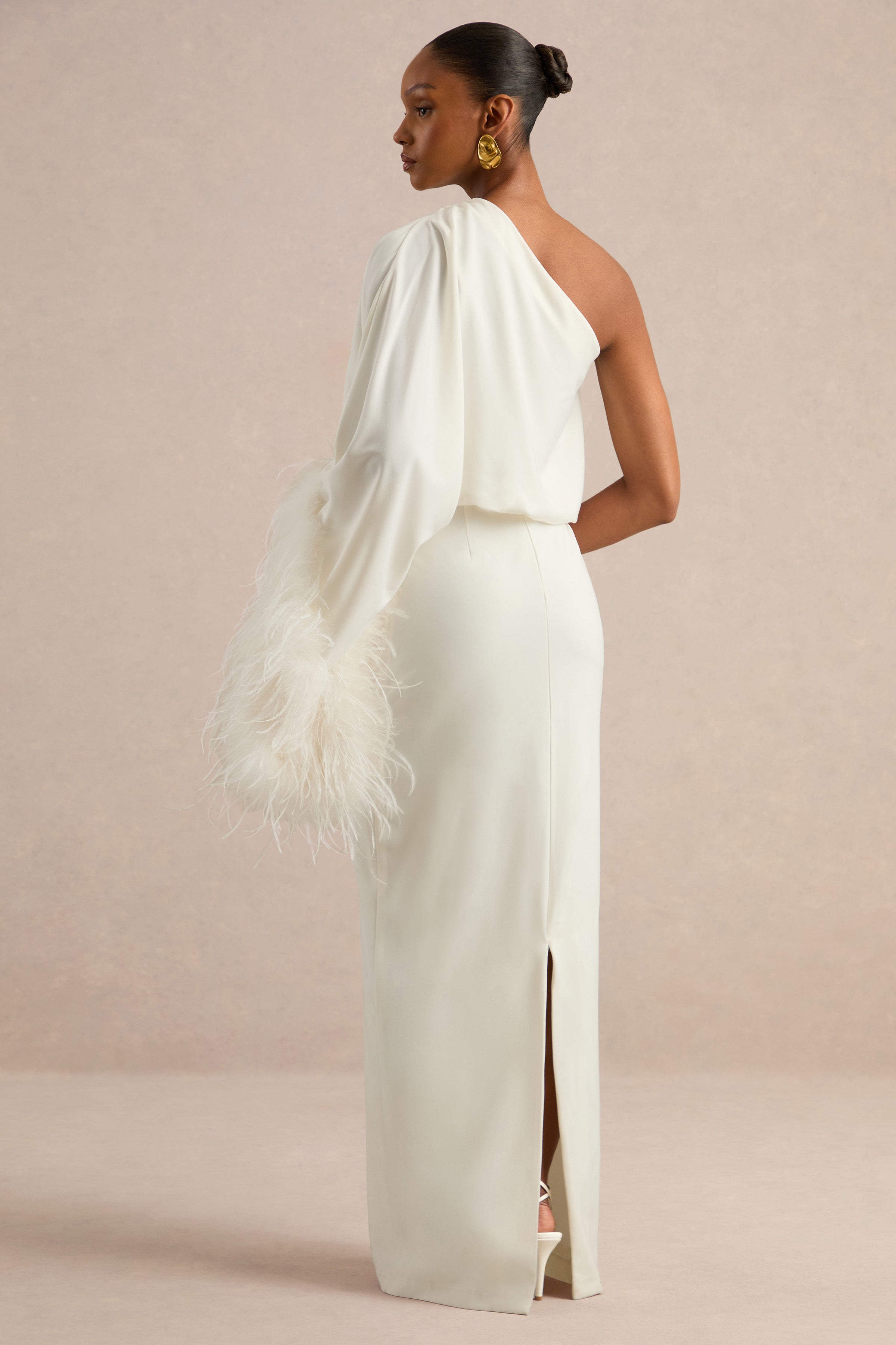 Felicity | White Satin Asymmetric-Neck Maxi Dress With Feather Detailing