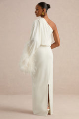 Felicity | White Satin Asymmetric-Neck Maxi Dress With Feather Detailing