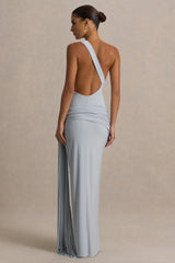Bonnie | Blue Asymmetric-Neck Maxi Dress With Open-Back