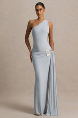 Bonnie | Blue Asymmetric-Neck Maxi Dress With Open-Back