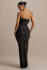 Dulcie | Black Lace And Satin Bandeau Midaxi Dress With Wrap-Details