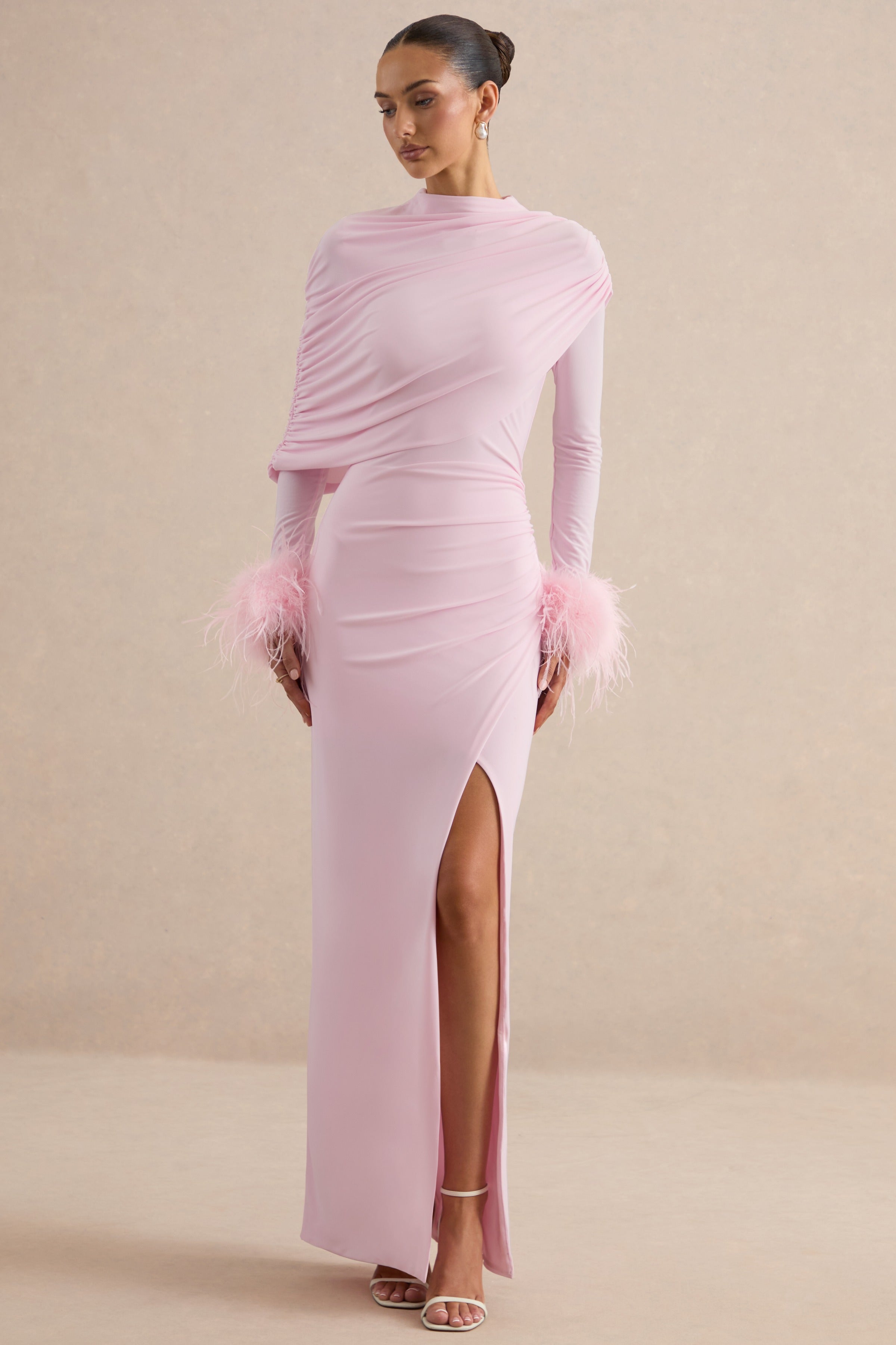 Gatsby | Light Pink High-Neck Maxi Dress With Feather Trim Cuffs