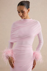 Gatsby | Light Pink High-Neck Maxi Dress With Feather Trim Cuffs