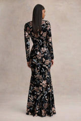 Lyric | Black Floral Velvet And Sequin Embellished Crew-Neck Maxi Dress