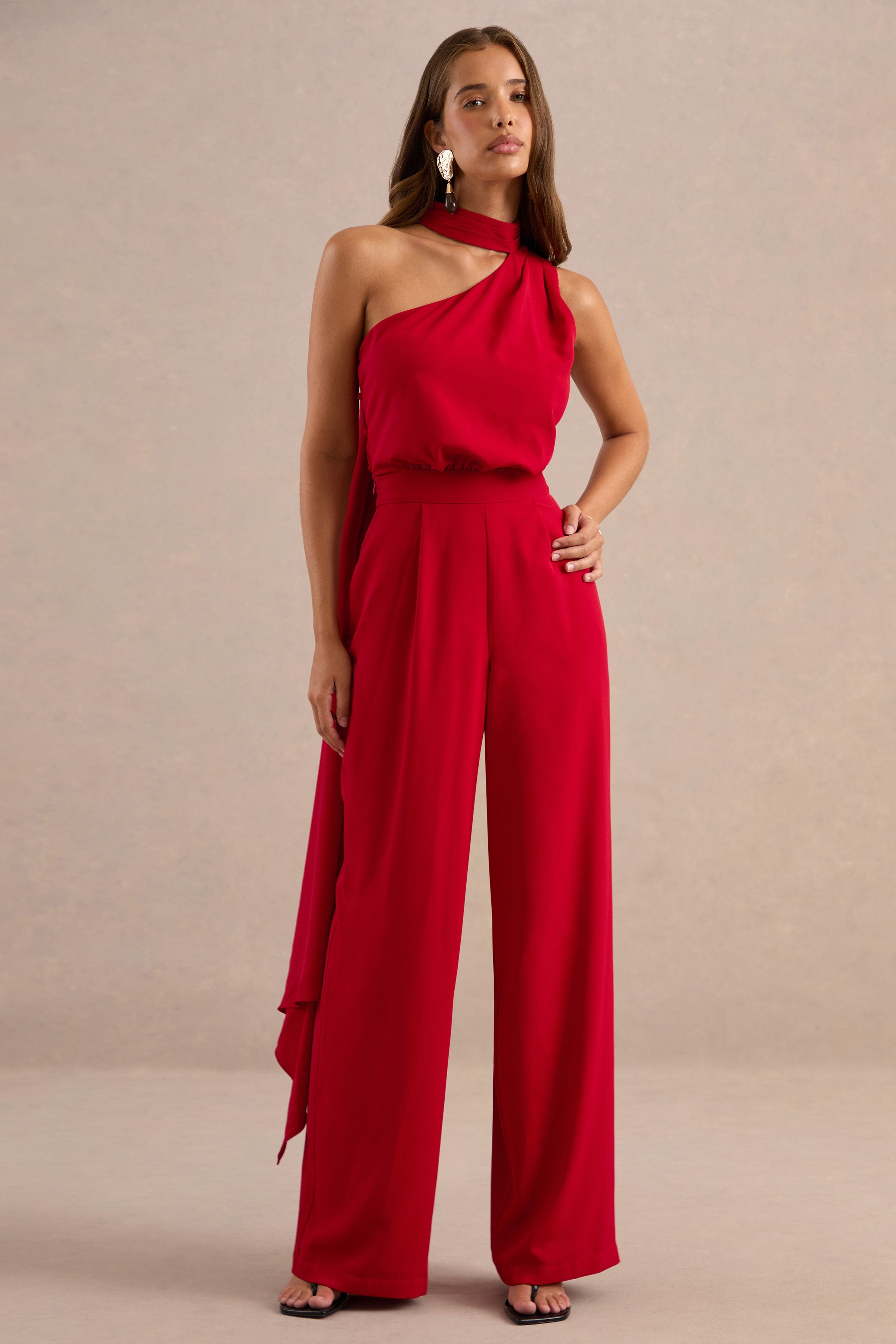 Gliselle | Red Asymmetric-Neck Jumpsuit With Scarf Detail