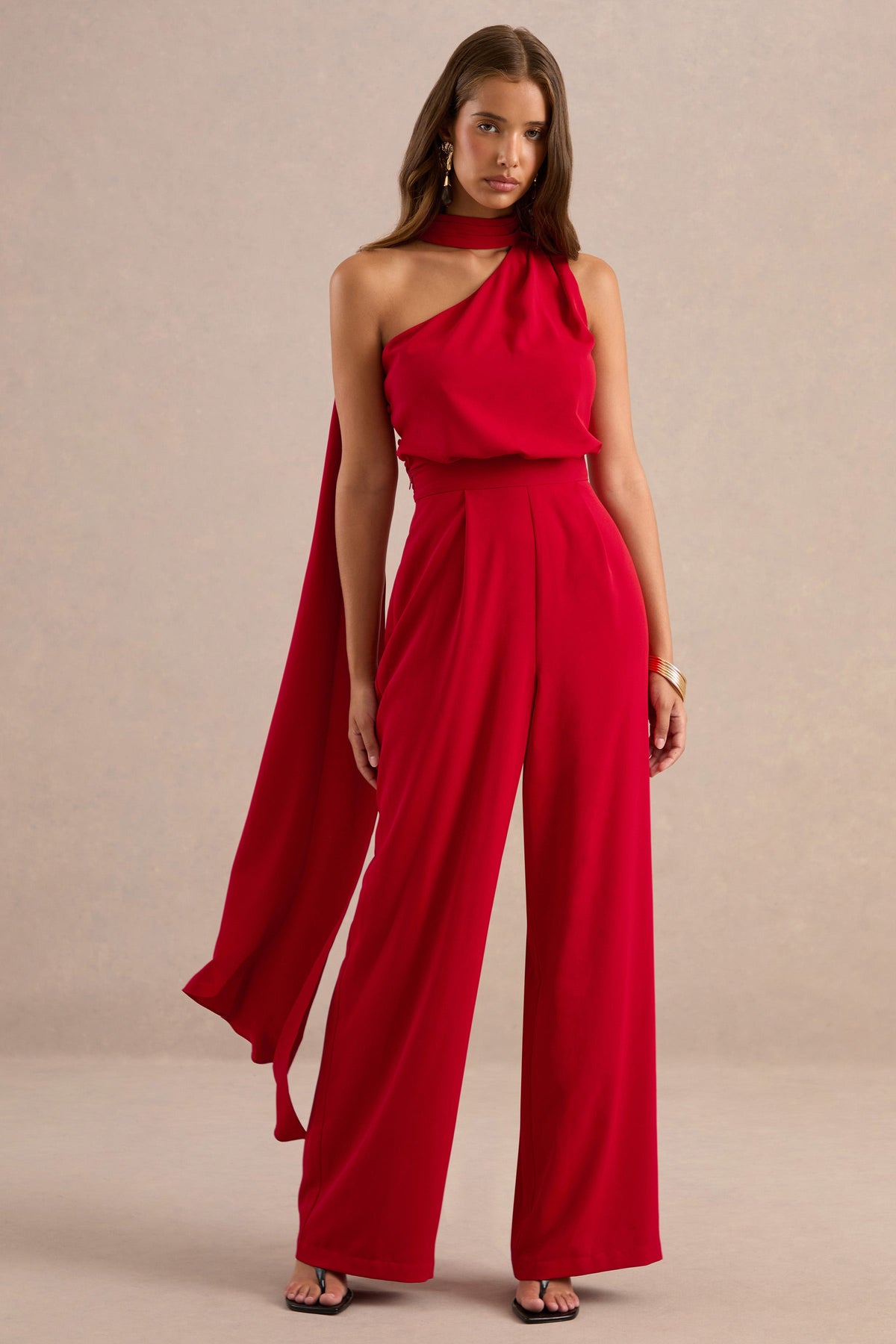 Gliselle | Red Asymmetric-Neck Jumpsuit With Scarf Detail