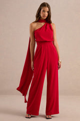 Gliselle | Red Asymmetric-Neck Jumpsuit With Scarf Detail