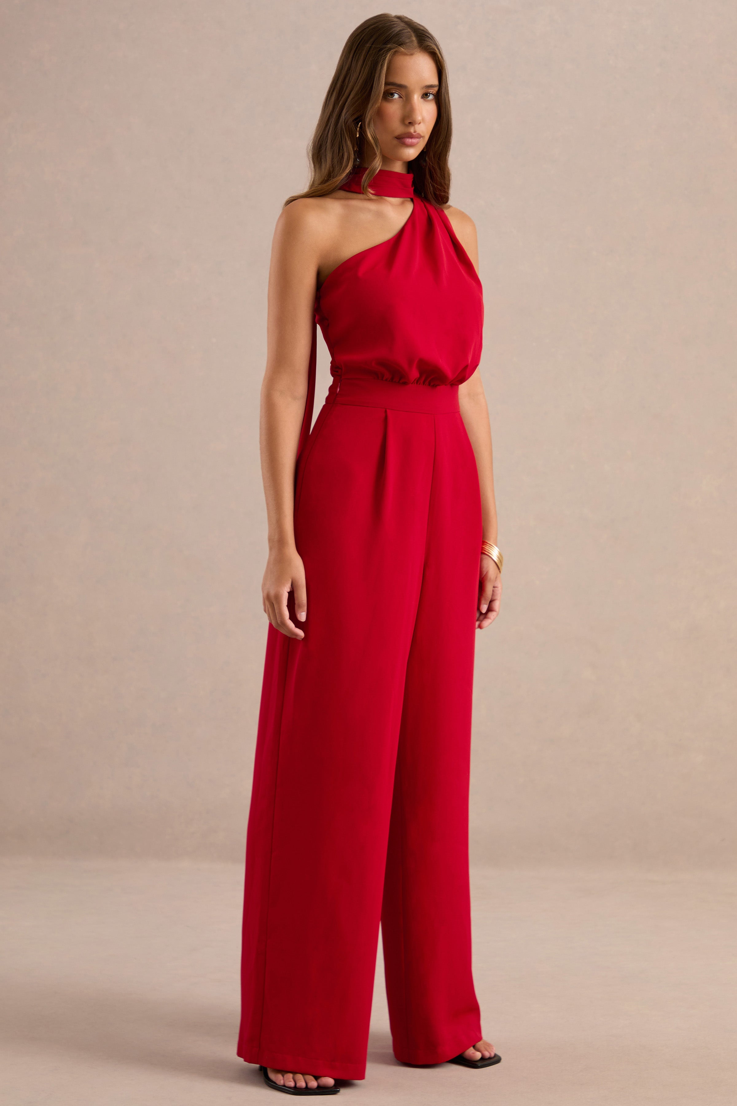 Gliselle | Red Asymmetric-Neck Jumpsuit With Scarf Detail