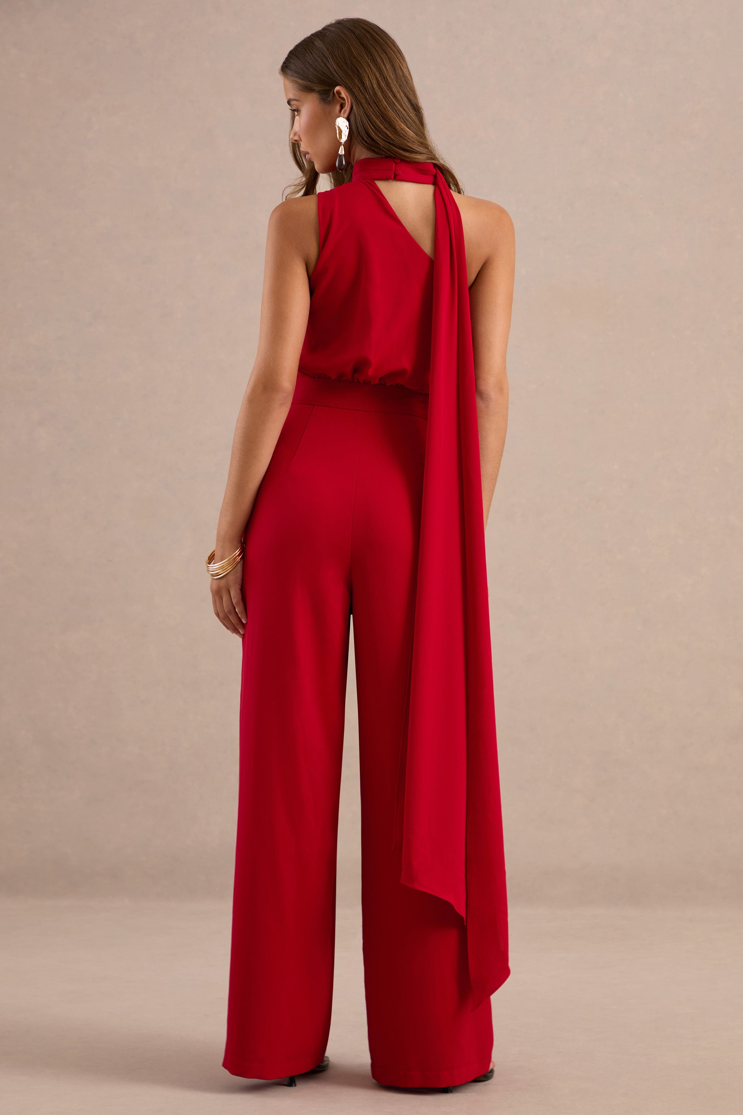 Gliselle | Red Asymmetric-Neck Jumpsuit With Scarf Detail