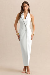 Hana | White Plunge-Neck Tailored Maxi Dress