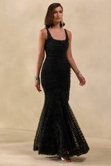 Sadine | Black Scoop-Neck Fishtail Maxi Dress