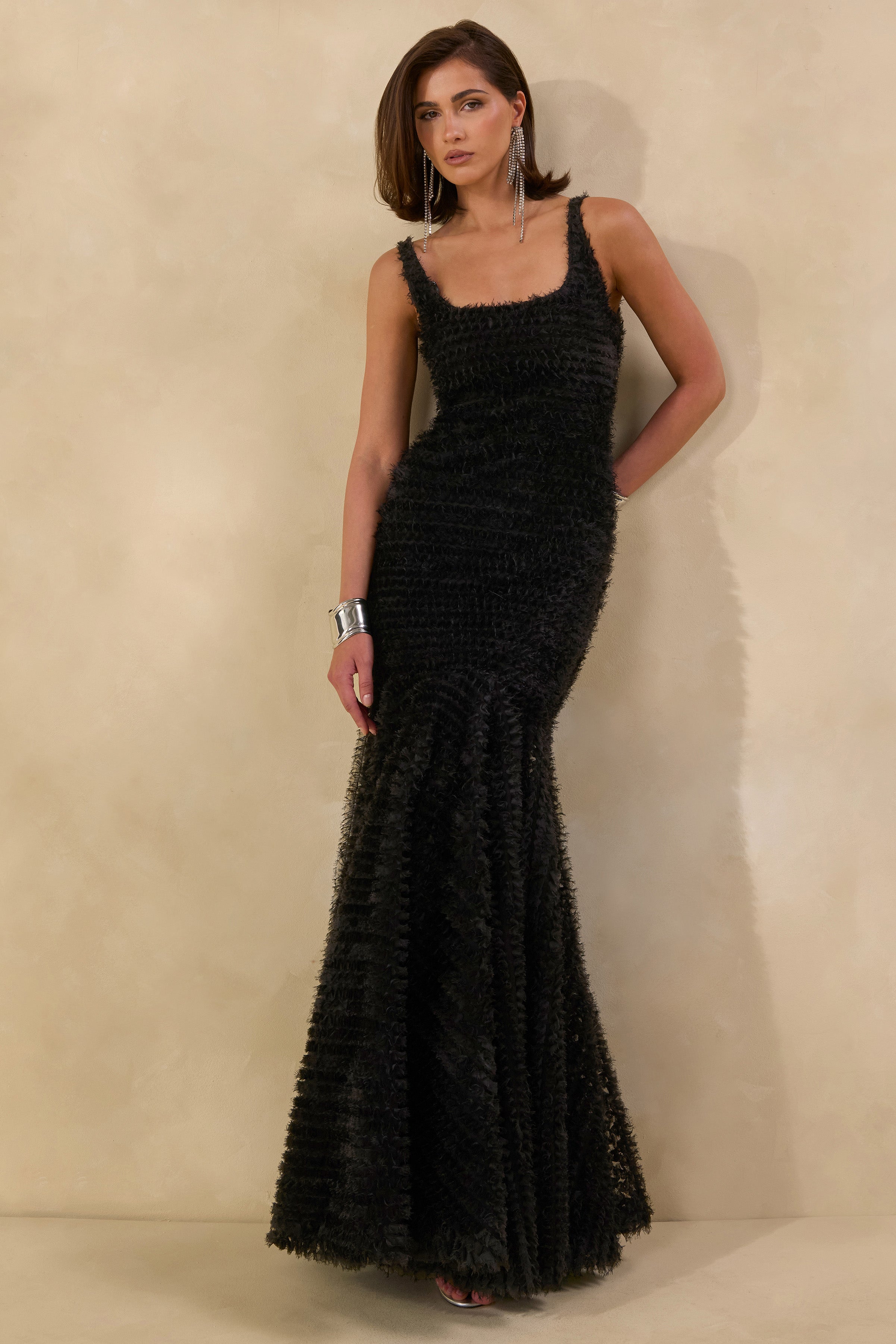 Sadine | Black Scoop-Neck Fishtail Maxi Dress