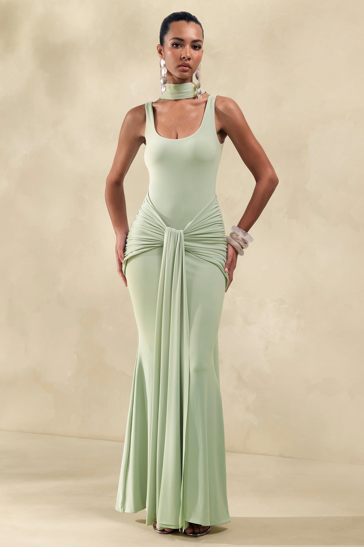 Solyra | Mint Square-Neck Maxi Dress With Sash And Cape Detail