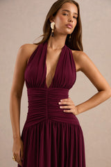 Bettina | Burgundy Plunge-Neck Maxi Dress With Gathered-Detailing
