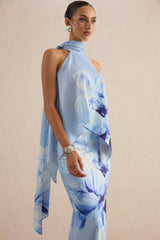 Sancelle | Blue Border Floral Print Matte Satin Halter-Neck Top
