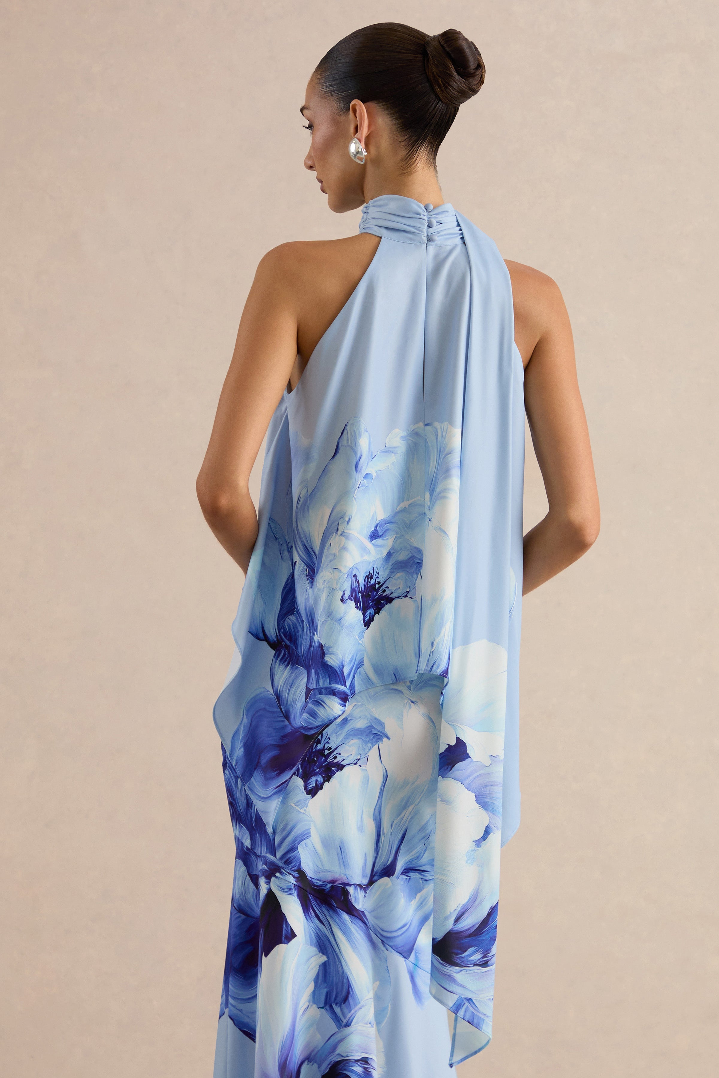 Sancelle | Blue Border Floral Print Matte Satin Halter-Neck Top